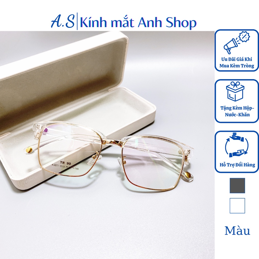 Gọng kính vuông to thời trang nam nữ khung kính kim loại càng kính nhựa dẻo 2671