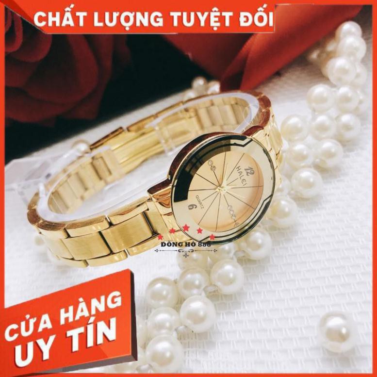 FREESHIP -  Đồng hồ nữ Halei dây vàng mặt tròn sang chảnh, chống nước chống xước  - HL457