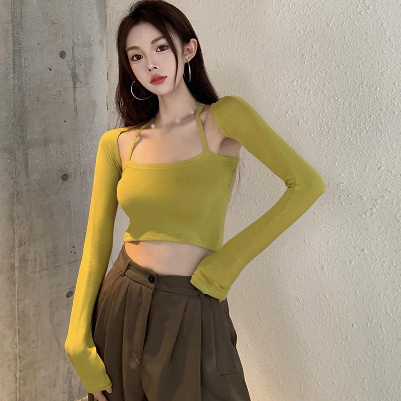 Set Áo Croptop Món Áo Lót +  Không Tay Màu Sắc Đơn Giản Trẻ Trung Áo Thun Dài Tay