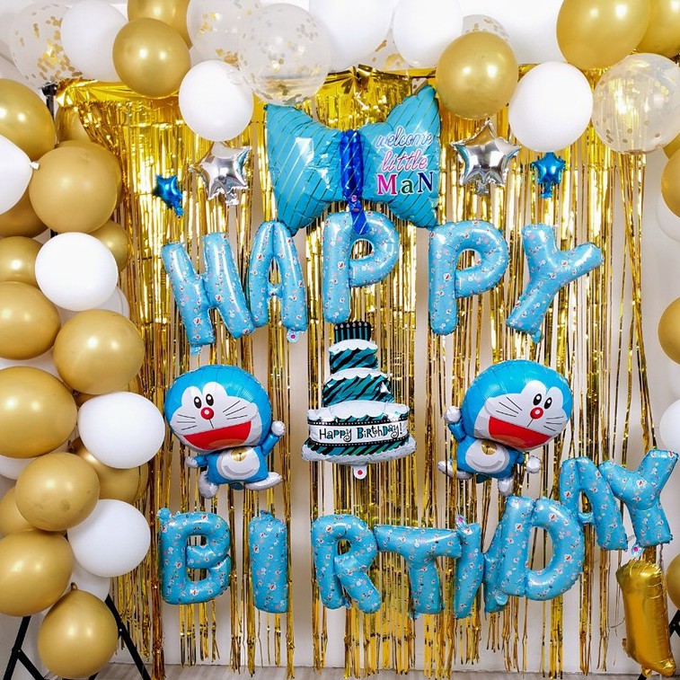 Set bóng trang trí sinh nhật cho bé trai bé gái 2 rèm kim tuyến bóng chữ Happy birthday+ tháng và 50 bóng tròn