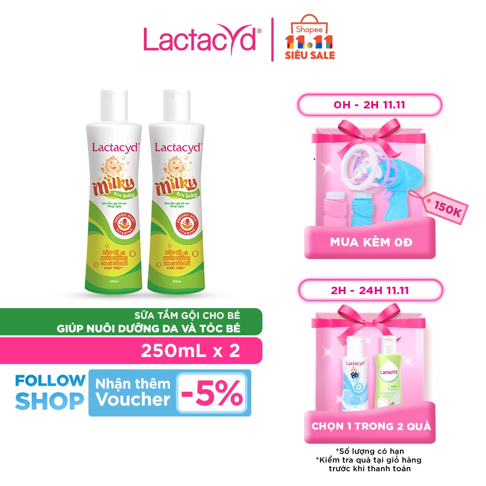 [Mã FMCGMALL -8% đơn 250K] Bộ 2 chai Sữa Tắm Gội Trẻ Em Lactacyd Milky Bảo Vệ, Nuôi Dưỡng Da và Tóc Bé 250ml/chai