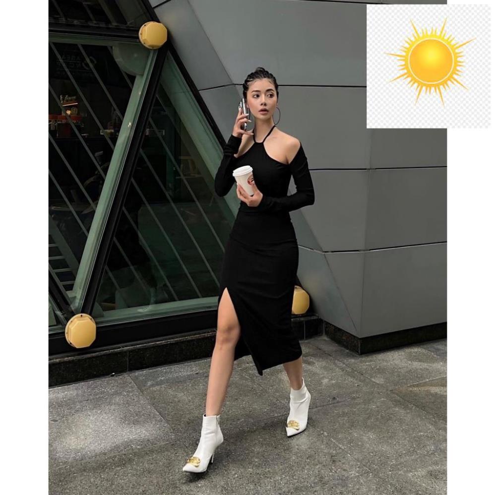️🎽️ Váy Body Cổ Yếm Chất Liệu Len Gân 2 Màu, Váy Body Len Dài Tay Xẻ Tà Sexy - Choose Me ️🎽