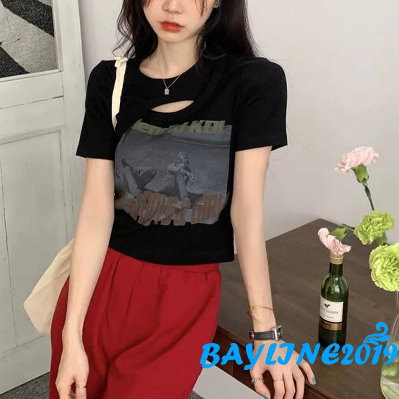 Áo Thun Lửng Tay Ngắn Cổ Tròn In Họa Tiết Chữ Cá Tính Dành Cho Nữ