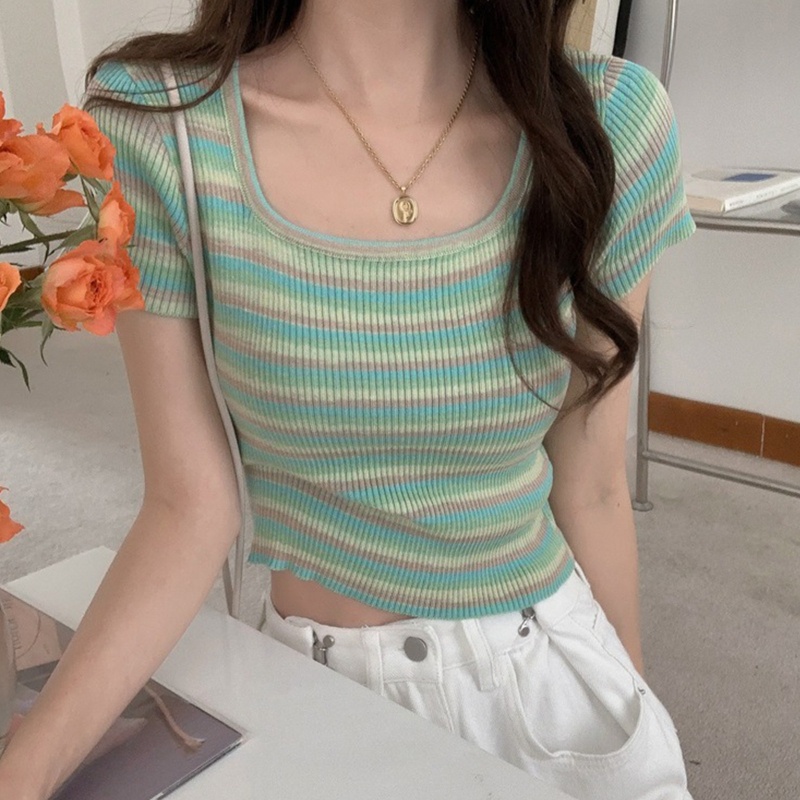 Áo Thun Croptop Ngắn Tay Cổ Vuông Họa Tiết Kẻ Sọc Màu Tương Phản Thời Trang Cho Nữ