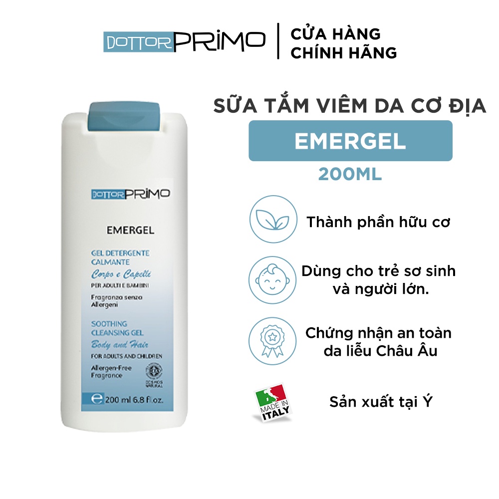 Sữa tắm DottorPrimo Emergel 200ml hữu cơ làm sạch dịu nhẹ và dưỡng ẩm cải thiện viêm da cơ địa, an toàn cho mọi loại da