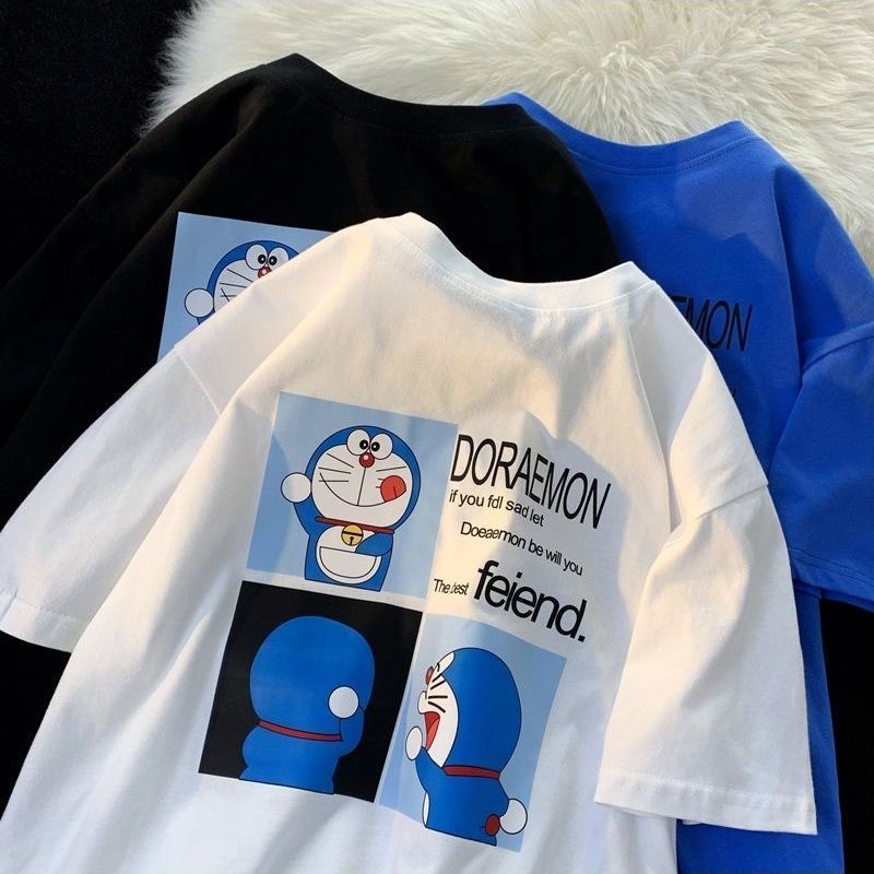 Áo Thun Cotton Ngắn Tay Dáng Rộng In Hoạt Hình Doraemon Cá Tính Cho Nam