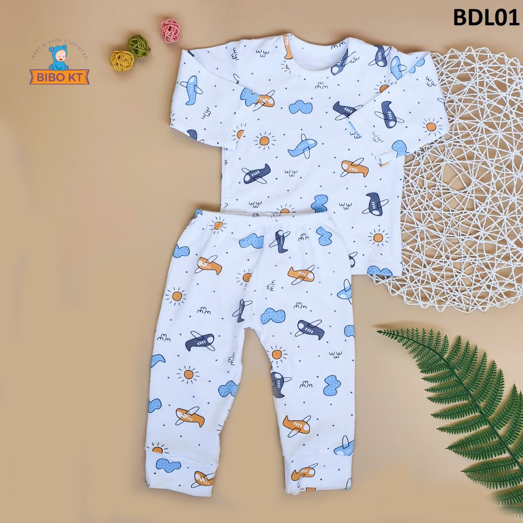 Bộ cổ viền tay dài cotton 100% 4 chiều co giãn êm ái hình Little Plane dùng mặc ở nhà Bibo Kim Thu size1-6(6-18kg)