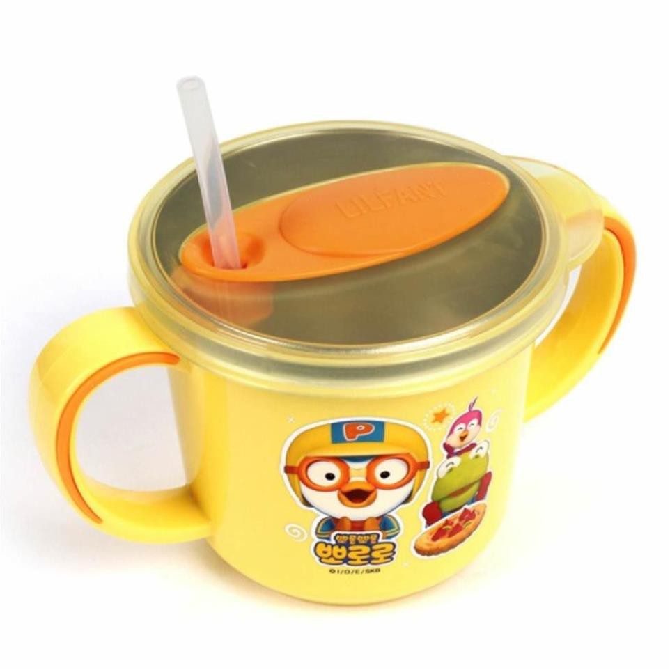 Cốc Tập Uống Nước Inox Pororo (Có Tay Cầm, Có Ống Hút) Pororo Stainless Hand Straw Cup