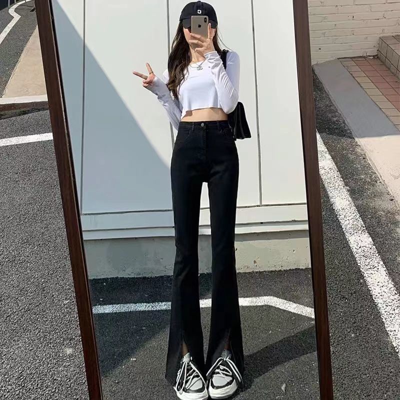 Jiashucheng Quần Jean Ống Loe Xẻ Tà Cạp Cao Dáng Ôm Màu Đen Nhạt Dễ Phối Đồ Phong Cách Mới Cho Nữ