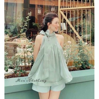 Set áo cột nơ + quần sort voan tơ cao cấp