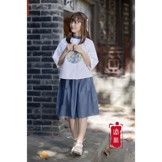Chân váy denim xếp ly