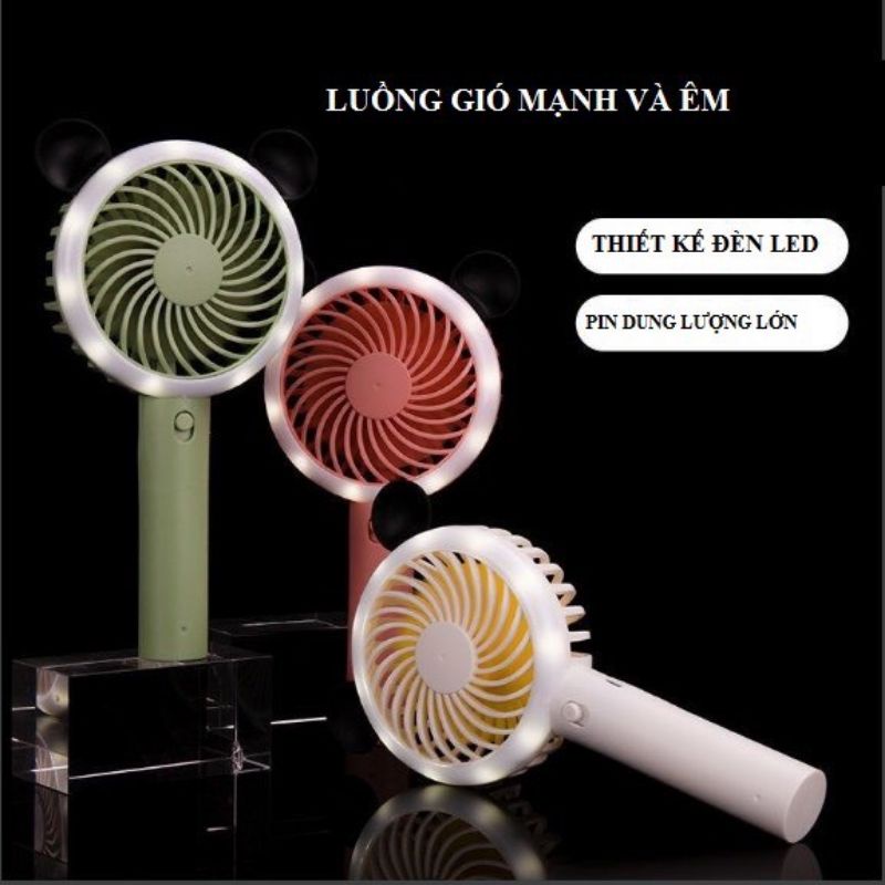 Quạt Mini Cầm Tay 3 Cấp Độ Gió Có Đèn Led - Quạt Tai Gấu Tích Điện Bỏ Túi