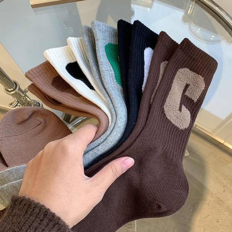 Vớ thể thao WAFNHA D360 vải cotton màu trơn in chữ C phong cách Hàn Quốc