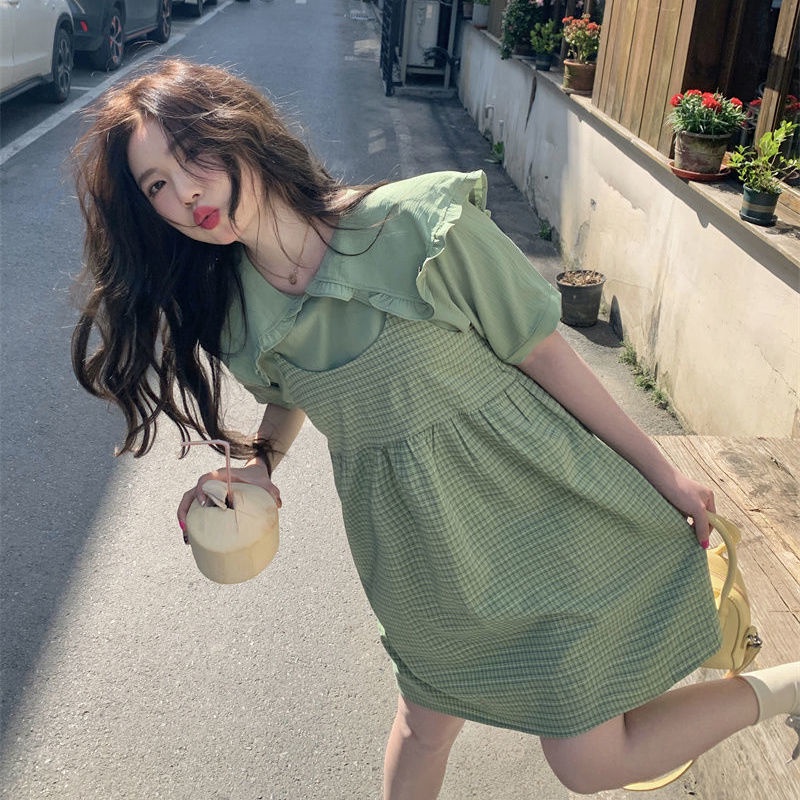 Set Áo Sơ Mi Và Đầm Hai Dây Kẻ Sọc Caro Màu Xanh Lá Mùa Hè Cho Nữ