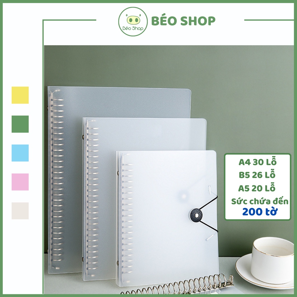 Bìa sổ còng A4 B5 A5 30 26 20 lỗ Béo shop binder còng sắt bìa nhựa mềm khóa tròn màu trắng mờ
