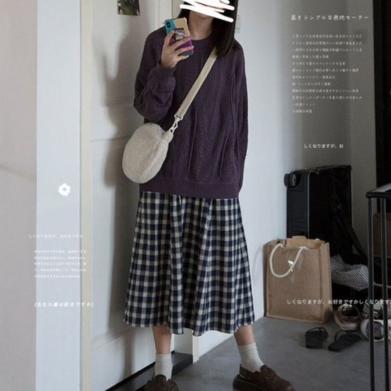 Chân váy caro xanh đậm vintage DV040