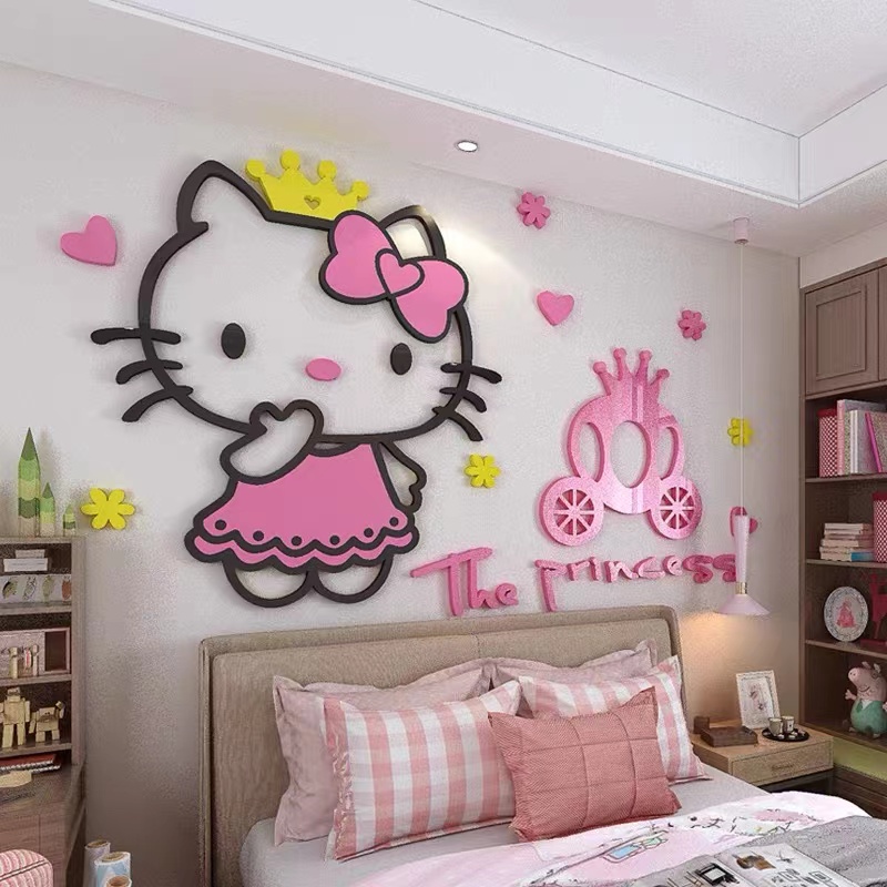 Giấy Dán Tường Bằng Acrylic Hình Hello Kitty 3d Trang Trí Phòng Ngủ Bé Gái