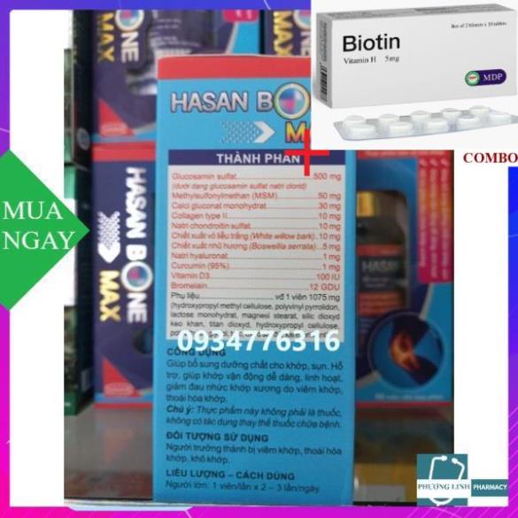 Combo Biotin 5mg+ Viên xương khớp HASAN BONE MAX  giảm đau xương khớp hộp 60 viên