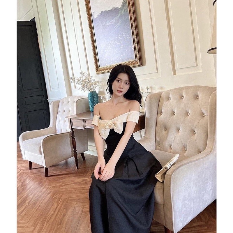 Váy nữ trễ vai xẻ tà dự tiệc đi chơi kèm tag hoa chất tuyết thái màu đen V292 full size AĐ BOUTIQUE