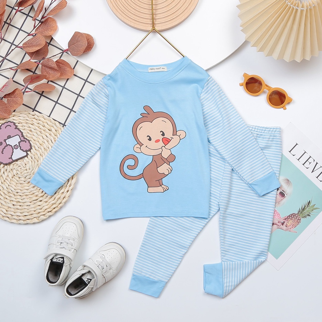 [Bé 7-27kg] Bộ Dài tay Thun Lạnh Ráp Lăng Phối Tay Sọc Dệt In Hình Mềm Mịn Mát In Hình Cho Bé Trai, Bé Gái