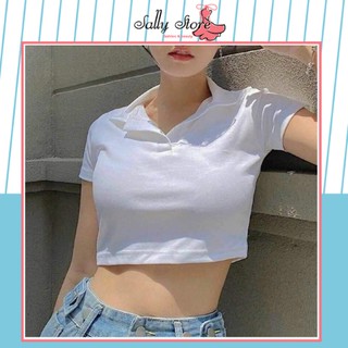 Áo Croptop Cổ Sơ Mi Basic 2 màu đen trắng