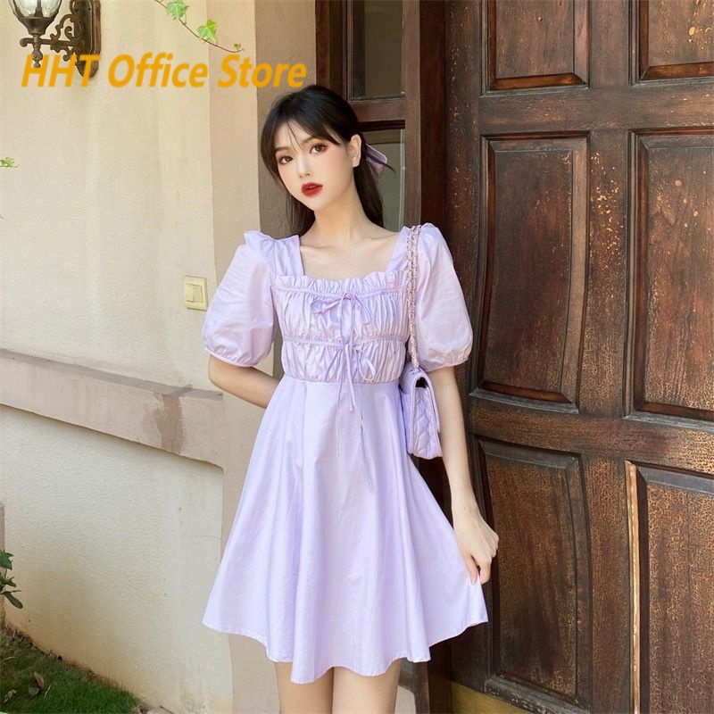 Đầm Ngắn Cổ Vuông Màu Tím Phong Cách Pháp Thời Trang Mùa Hè Mới Cho Nữ