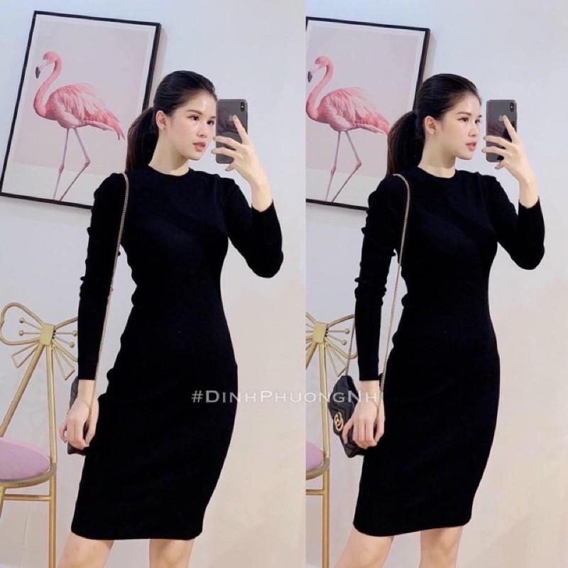 Váy body dài tay cổ tròn chất cotton tăm siêu tôn dáng