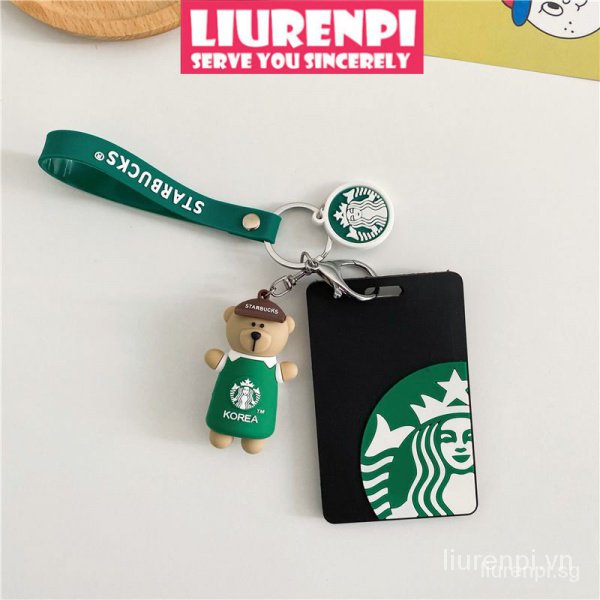 Bao đựng thẻ học sinh/xe bus in hình Starbucks gắn móc khóa kim loại tiện dụng card holder