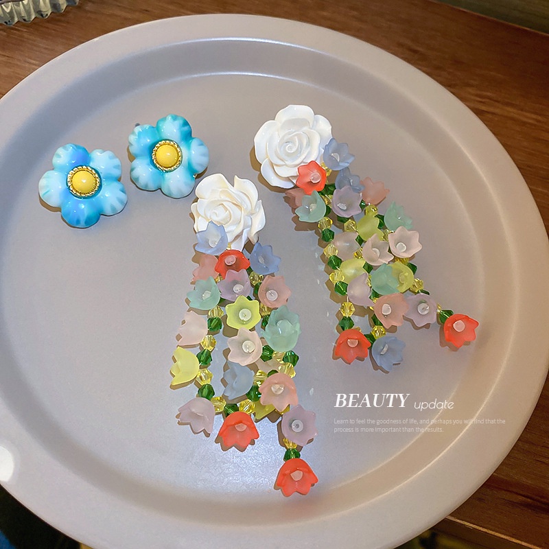 Đôi khuyên tai chốt xỏ bạc mặt kiểu bông hoa đính đá nhân tạo nhiều màu sắc thời trang