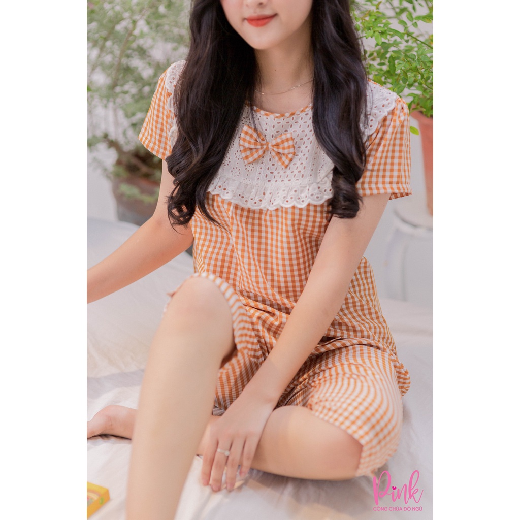 Pijama Ngủ Caro Màu Cam Tay Ngắn Vải Kate Siêu Cấp Đồ Ngủ Nữ Thoáng Mát Phong Cách Trẻ Trung Thanh Lịch Nữ Tính