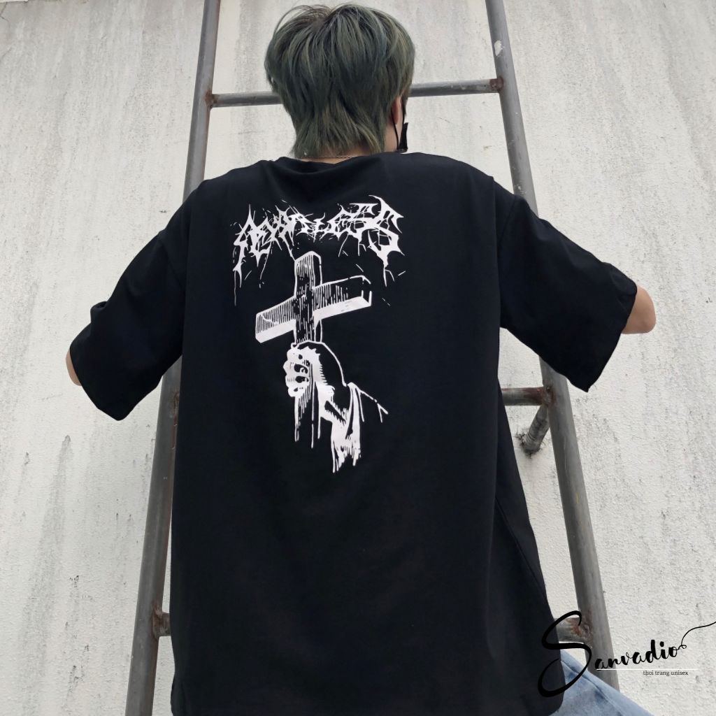 Áo thun SANVADIO unisex tay lỡ phông form rộng oversize 2 màu cam và đen cotton dáng xuông