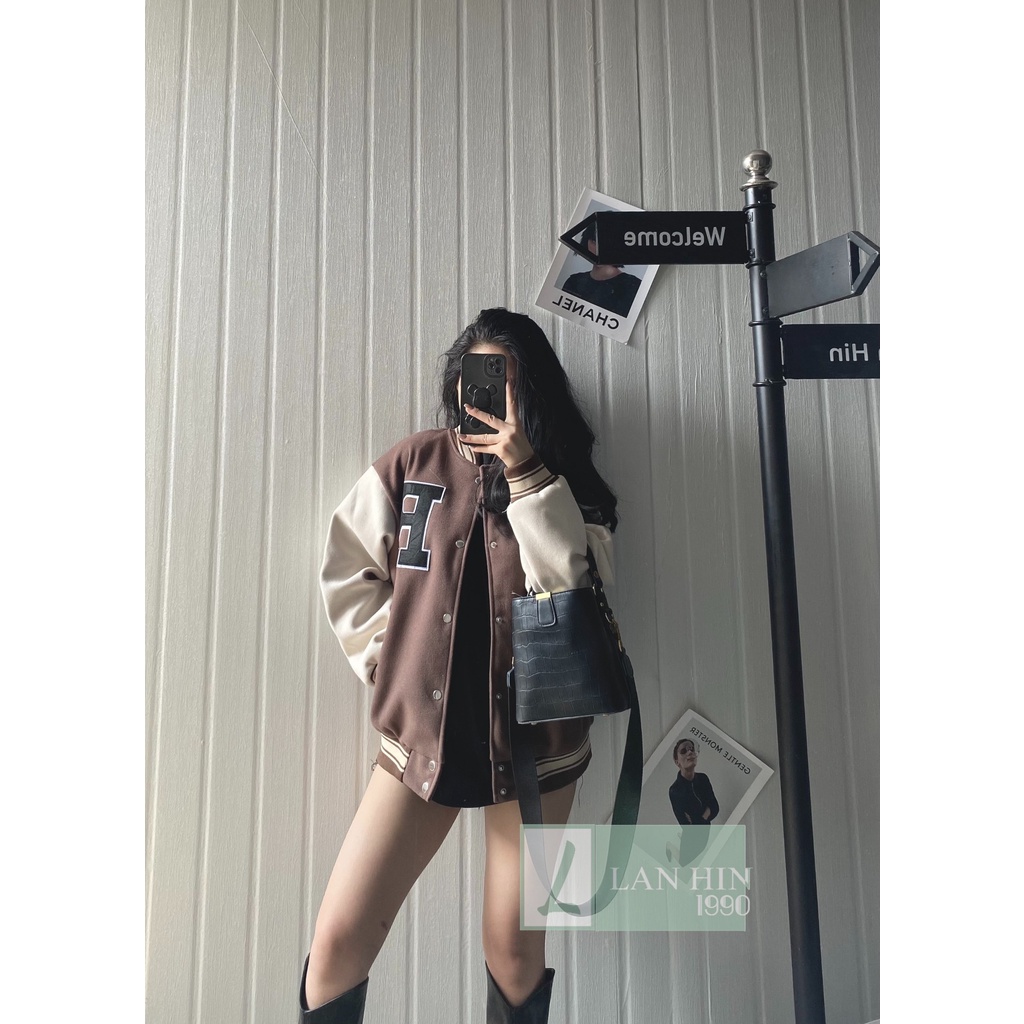 Áo Khoác Bomber Unisex Dạ 2 Lớp Chữ R Phối Màu Cá Tính