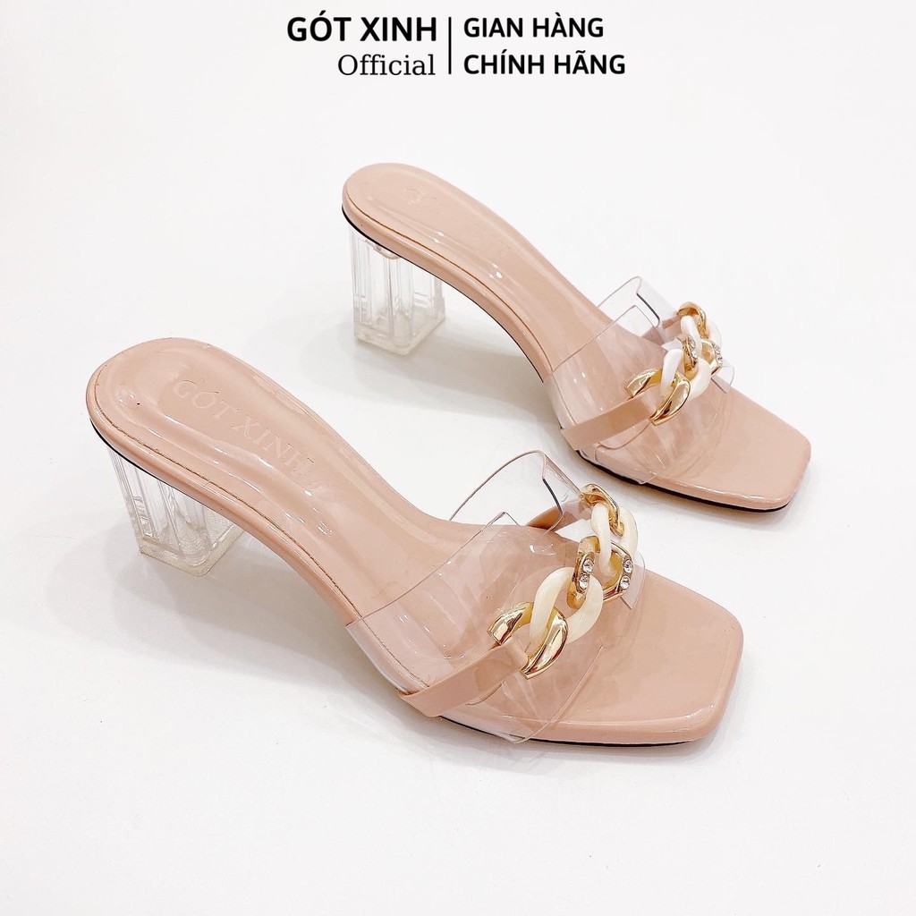 Dép cao gót nữ GÓT XINH D15 quai ngang chất liệu mika trong phối xích cao 5cm
