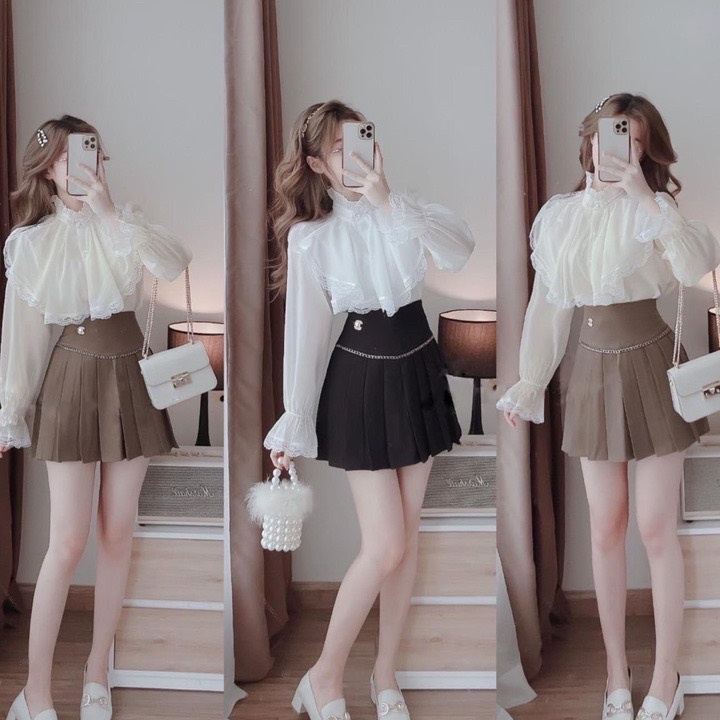 SET Áo sơ mi ren bèo và Chân váy xếp ly tennis nữ lưng cao kèm đai xích sang chảnh CV578 SUTANO