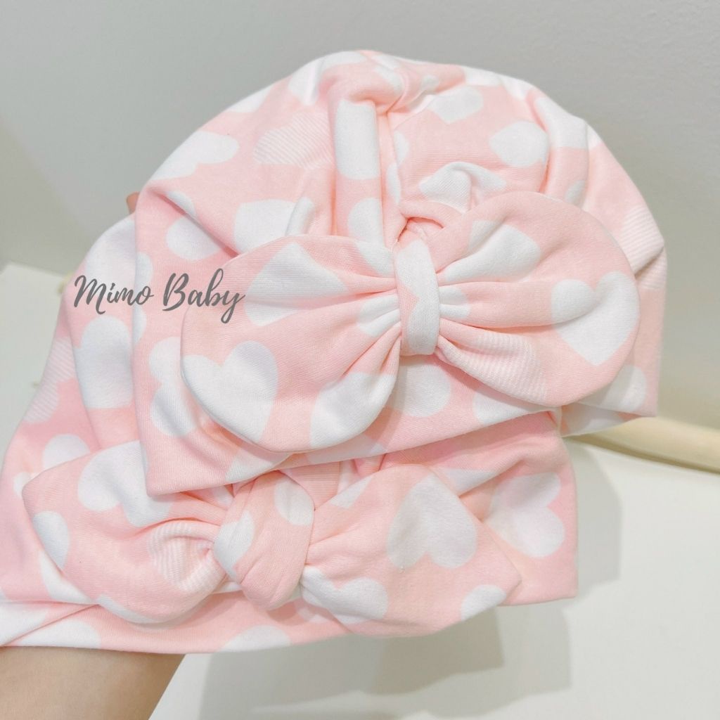 Mũ nón turban vải cotton co dãn màu hồng trái tim dễ thương cho bé gái MTB166 Mimo Baby
