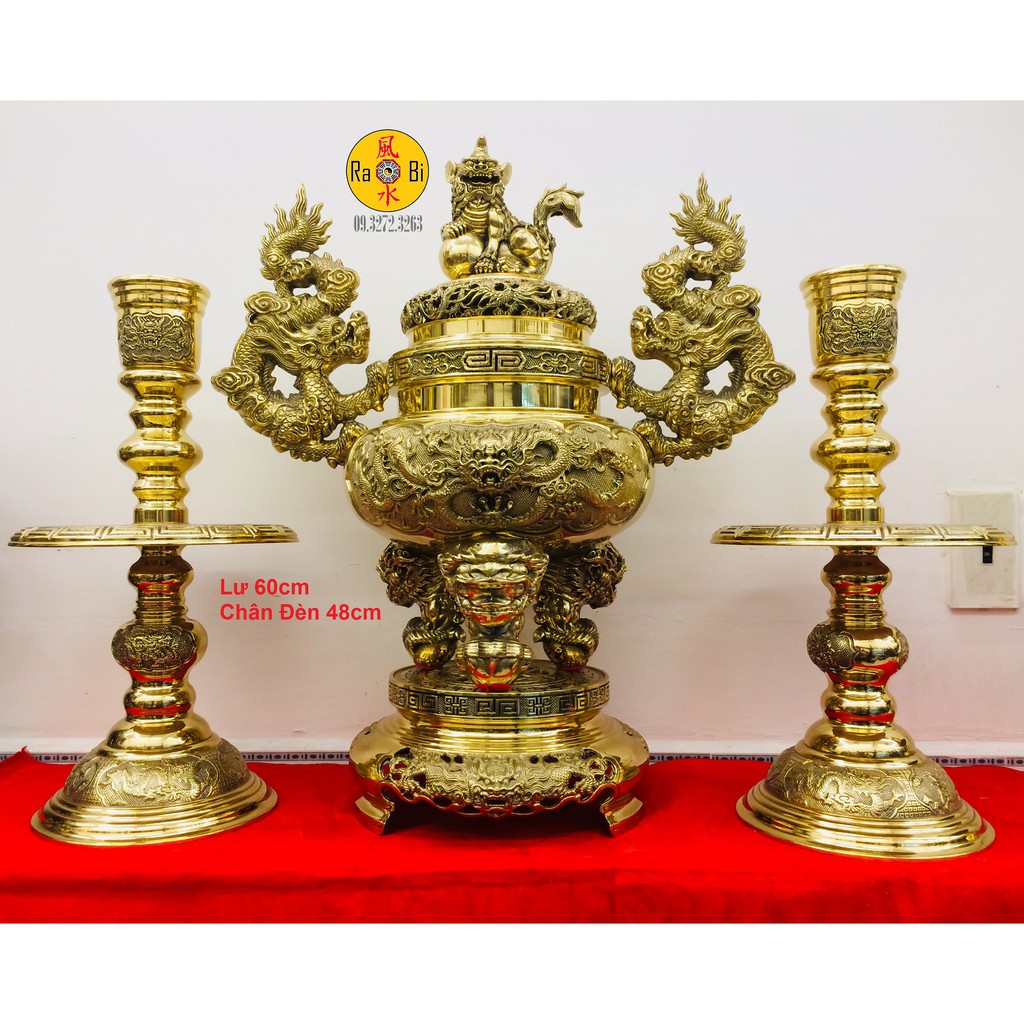 Bộ Tam Sự Lư Tròn Lân Nghê 60cm + Chân Đèn Tứ Linh 48cm - Vật Phẩm Thờ Cúng Đồng Vĩnh Tiến Chất Lượng Cao