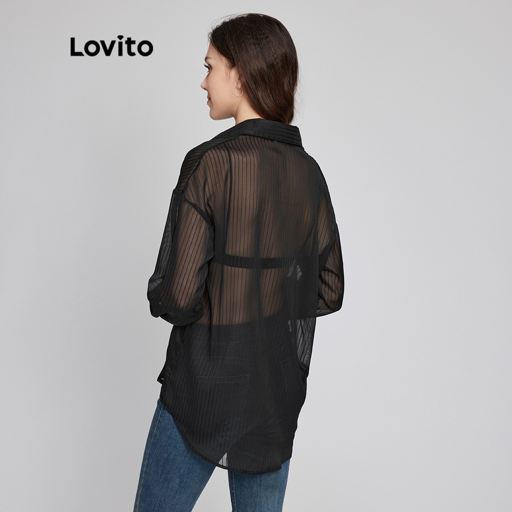 Áo Lovito phong cách thường ngày màu trơn cổ áo cài nút trước vải xuyên thấu trọng lượng nhẹ và thoáng khí L26LD023 (màu đen)