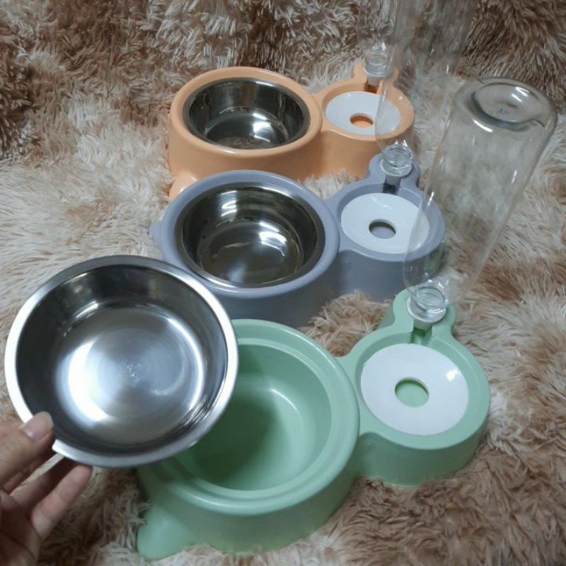 Bát ăn kèm bình tự động cho chó mèo hình mèo (kèm bình tự động)