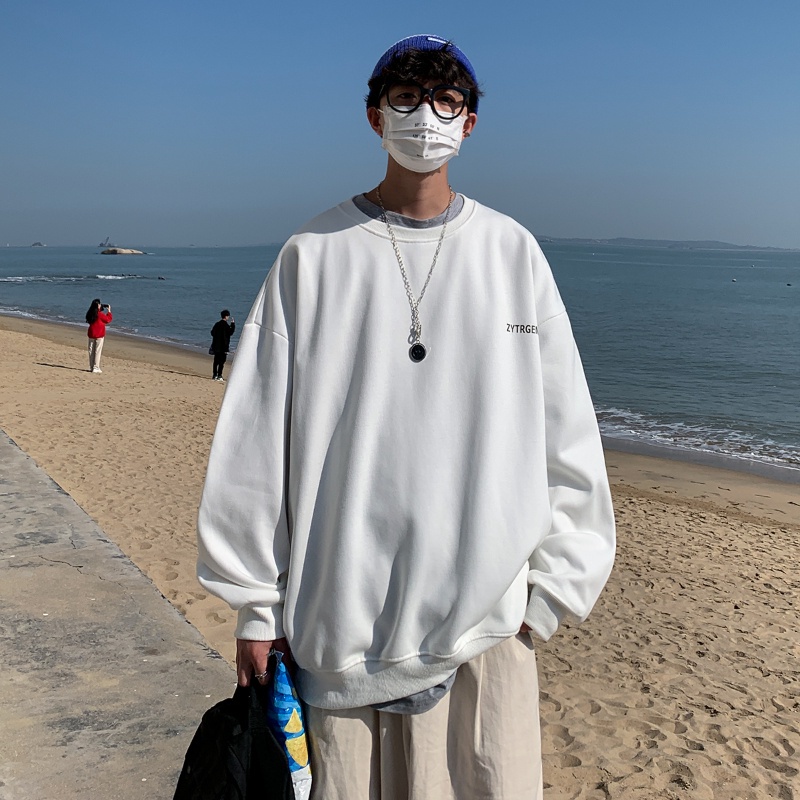 Áo sweater chui đầu tay dài cổ tròn dáng rộng in chữ màu trơn phong cách Hàn Quốc cỡ M-5XL cho nam