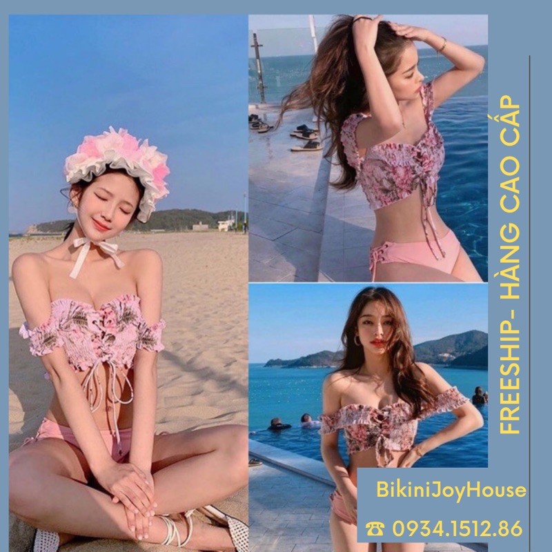 Đồ bơi bikini hai mảnh hồng bèo nhún kute | BigBuy360 - bigbuy360.vn