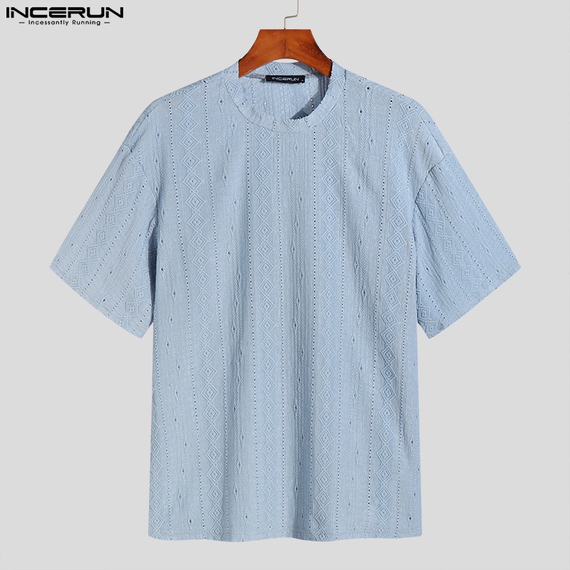 Áo thun INCERUN ngắn tay cổ tròn in họa tiết thời trang Hàn Quốc cho nam
