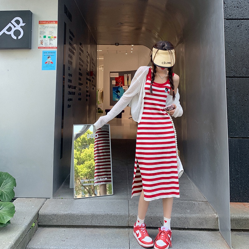 Đầm dệt kim ZHELIHANGFEI dáng dài xẻ tà họa tiết kẻ sọc phong cách thời trang quyến rũ cho nữ