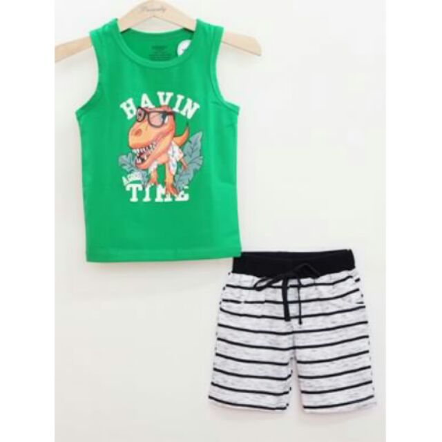 Bộ thun bé trai in khủng long đeo kiếng quần sọc