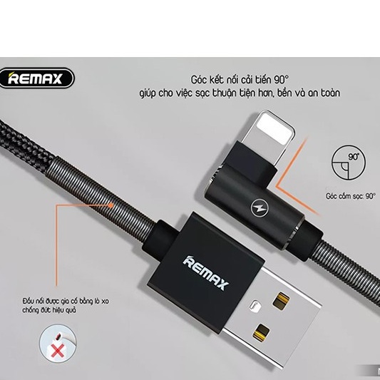🌟CHÍNH HÃNG REMAX 🌟 Dây Cáp sạc nhanh IP chống đứt gãy rối bền bỉ,2.4A chân gập vuông chữ Lvải quấn lò xo 2 đầu 119