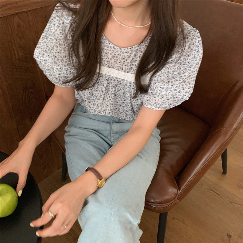 SUXI Áo Crop Top Nữ Tay Phồng Cổ Tròn Thời Trang