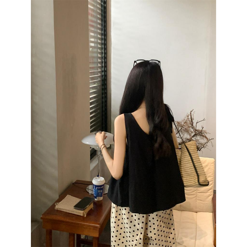 Bộ Áo Đen Cột Dây + Quần Dài Chấm Bi Ống Rộng Thời Trang 65825