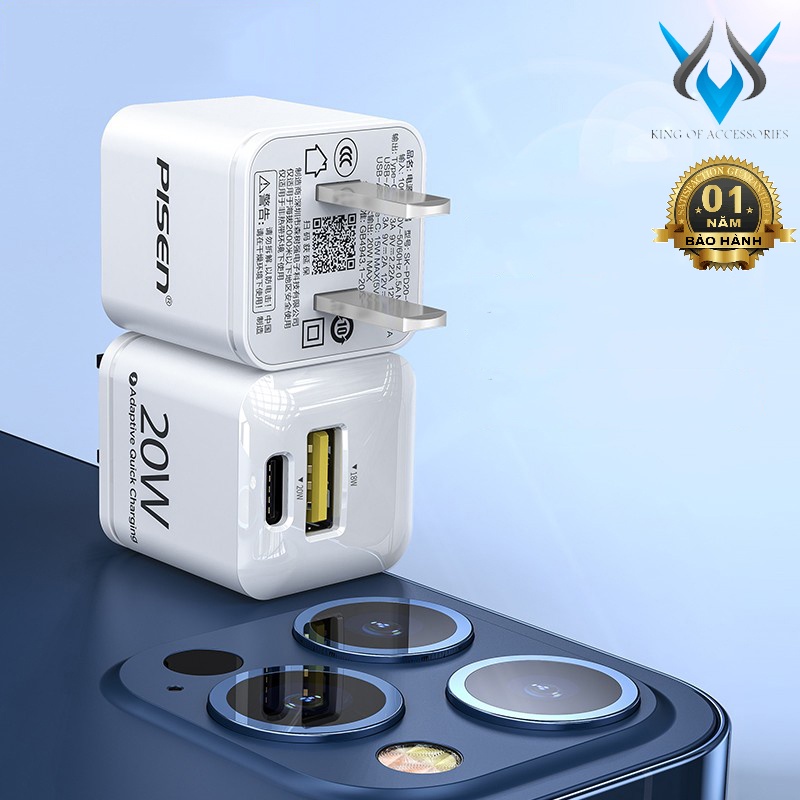 Cốc sạc nhanh 2 cổng Pisen KPQ201 mini - hỗ trợ USB QC 3.0 và TypeC PD 20W  Phụ kiện 1986