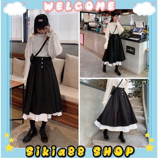 Chân váy dài Ulzzang dáng xoè - Chân váy phối 2 màu cạp cao Hàn Quốc