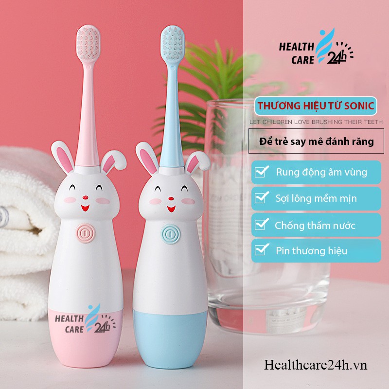 Bàn chải đánh răng điện cho bé trai bé gái từ 2 tuổi hình thỏ cute, Healthcare24h D001, nhựa ABS cao cấp kèm 2 đầu thay