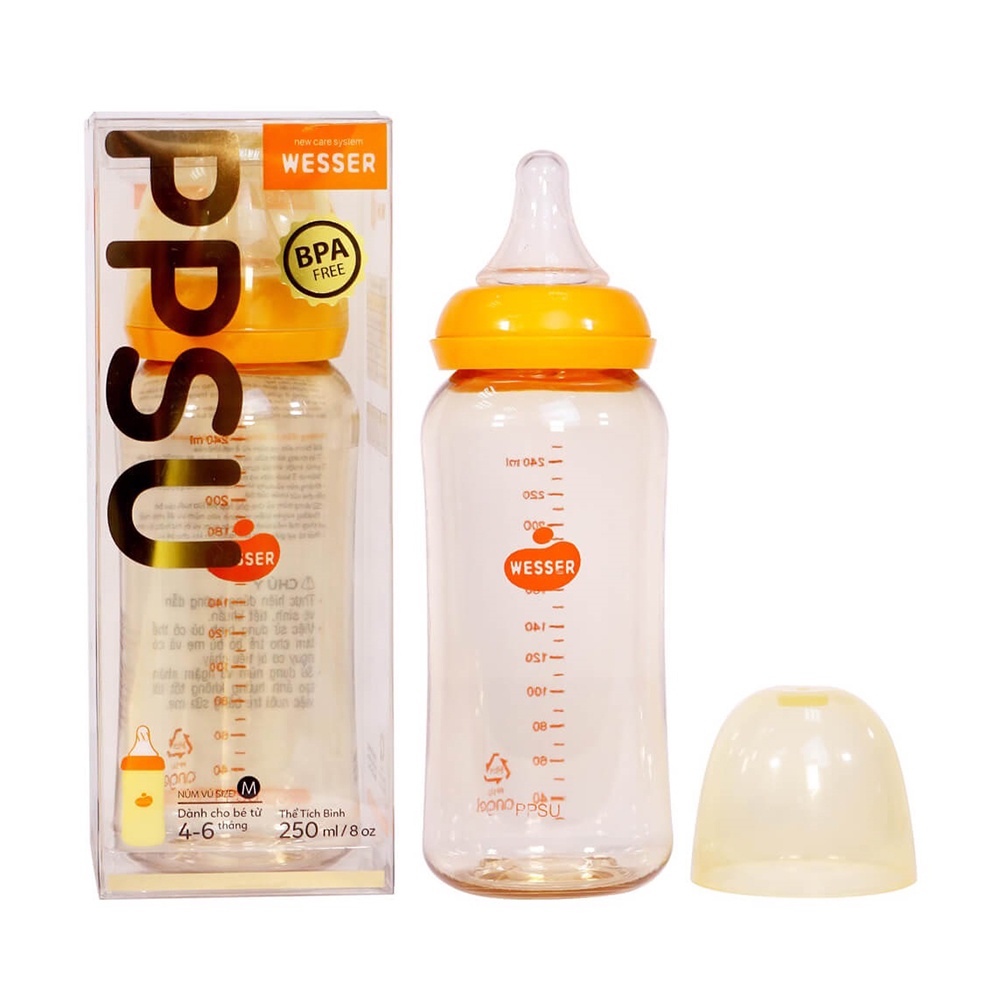 Bình Sữa Wesser PPSU Cổ Hẹp, Bình Sữa Cho Bé Sơ Sinh Dung Tích 60ml - 140ml - 250ml